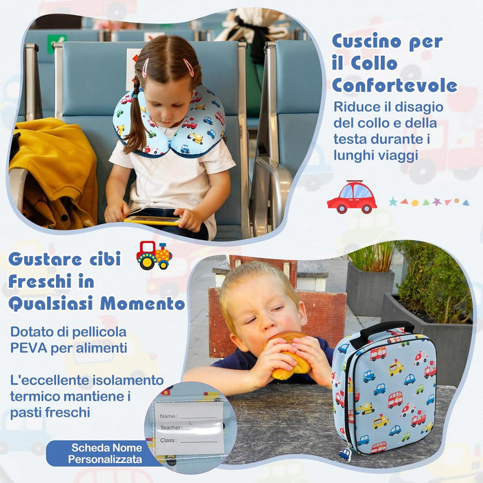5 Pezzi Valigia per Bambini, Valigia con ManicoTelescopico da 16" con 13" Zainetto, Cuscino per Il Collo, Etichetta per Bagaglio, Borsa per Il Pranzo, con Ruote Girevoli a 360 ° (Modello 3)