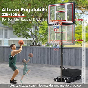 Canestro da Basket Regolabile 225-305 cm in Altezza per Bambini ed Adulti, Canestro con Piantana a Ruote e Manovella, Canestro con Base Riempibile per Interno ed Esterno, Nero
