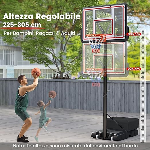 Canestro da Basket Regolabile 225-305 cm in Altezza per Bambini ed Adulti, Canestro con Piantana a Ruote e Manovella, Canestro con Base Riempibile per Interno ed Esterno, Nero
