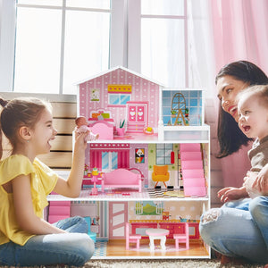 Casa delle Bambole in Legno, Set di Casa delle Bambole per Bambini con 5 Stanze e 10 Mobili, 3 Piani, Casetta Bambole per Bambini 3-7 Anni, 60 x 25 x 70 cm