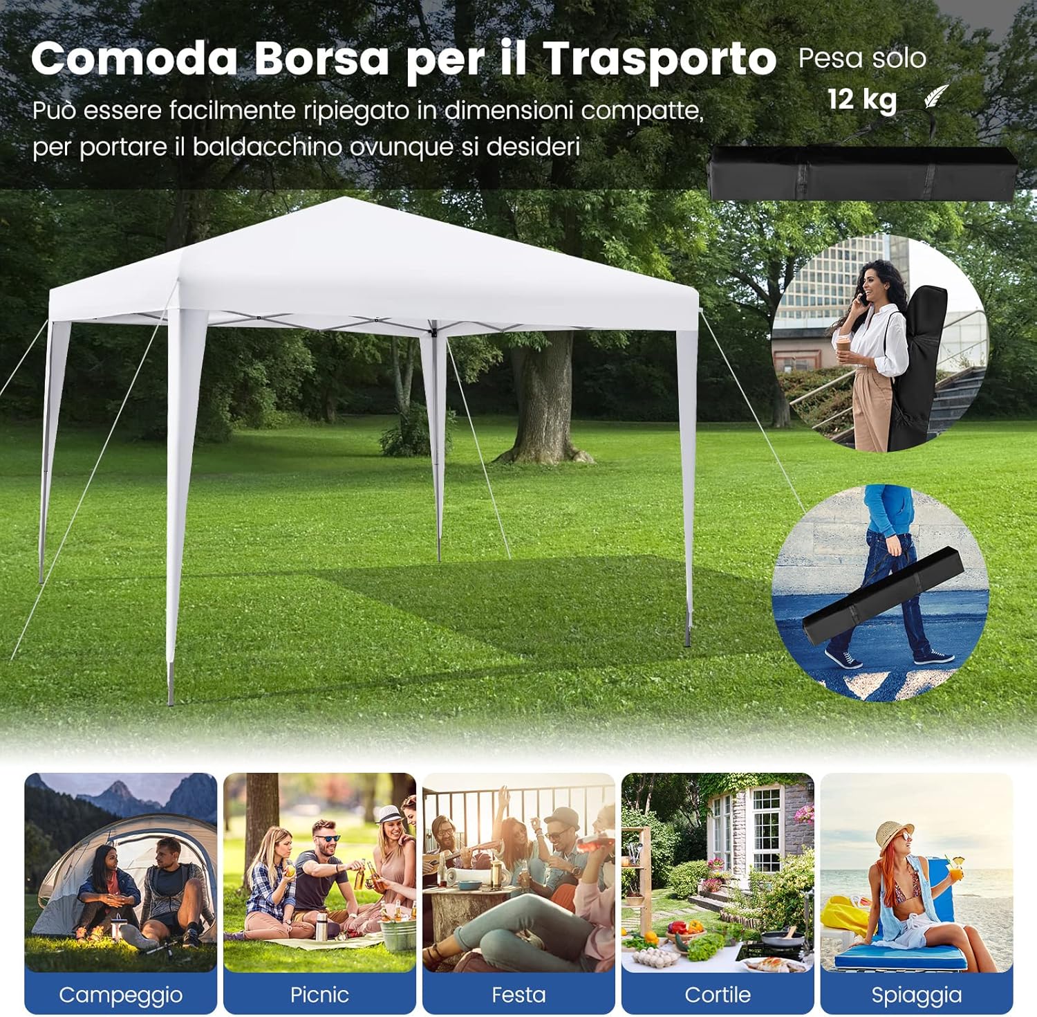 Gazebo Pieghevole da Giardino 295 x 295 cm, Gazebo Pop Up Impermeabile e Potezione Solare, Regolabile in Altezza, con Borsa da Trasporto, per Feste, Barbecue, Giardino e Spiaggia (Bianco)