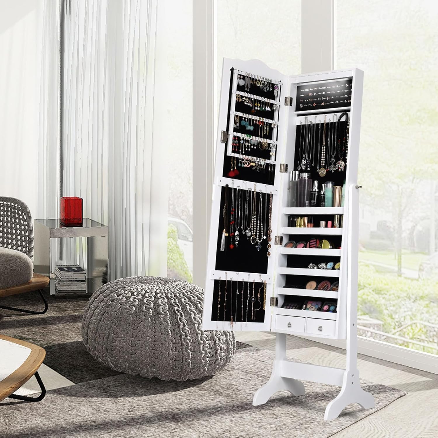 Armadietto Portagioie Specchiera per Gioielli con Chiave e Luci LED, Specchio Figura Intera da Terra, 160x41,5x37cm (Bianco)