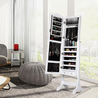 Armadietto Portagioie Specchiera per Gioielli con Chiave e Luci LED, Specchio Figura Intera da Terra, 160x41,5x37cm (Bianco)