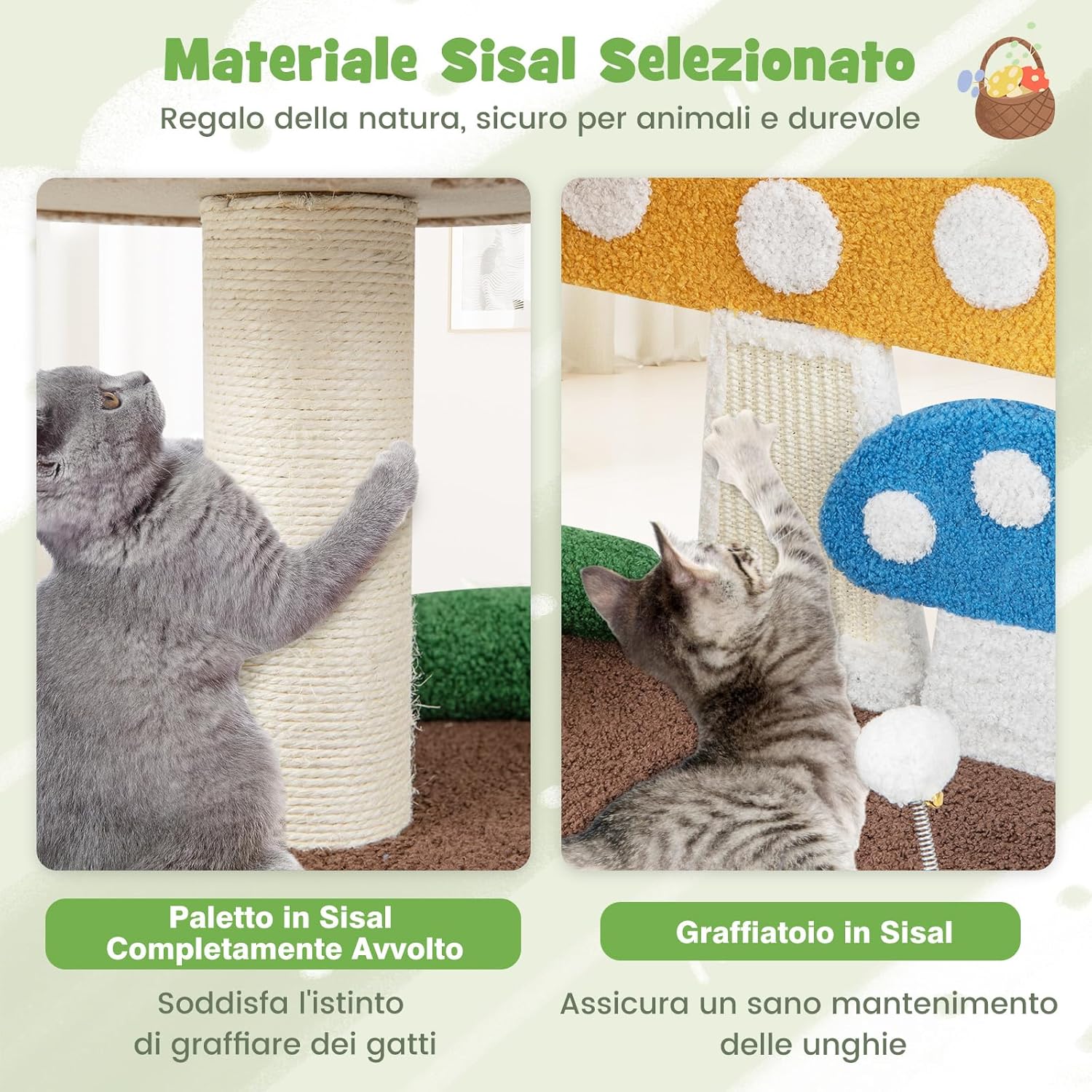 Albero per Gatti 4-in-1 con Condo e Piattaforma, Torre per Gattini a Forma di Fungo con Palo Avvolto in Sisal, Tiragraffi e Palla a Molla