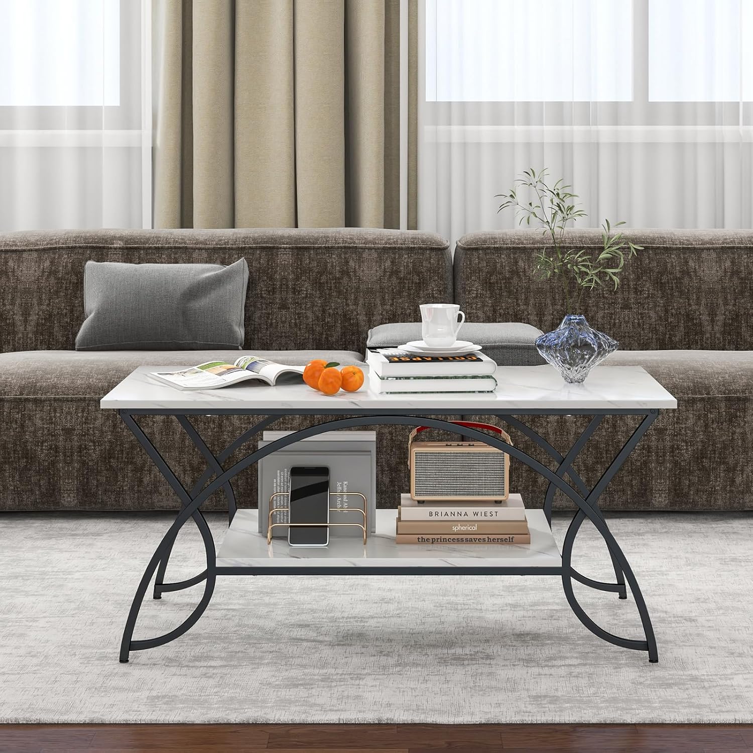 Tavolino da Caffè da Salotto, Tavolino Rettangolare a 2 Livelli con Struttura in Metallo, Tavolino Elegante e Moderno per Studio, Ufficio e Soggiorno, 100 x 50 x 45 cm (bianco e nero)