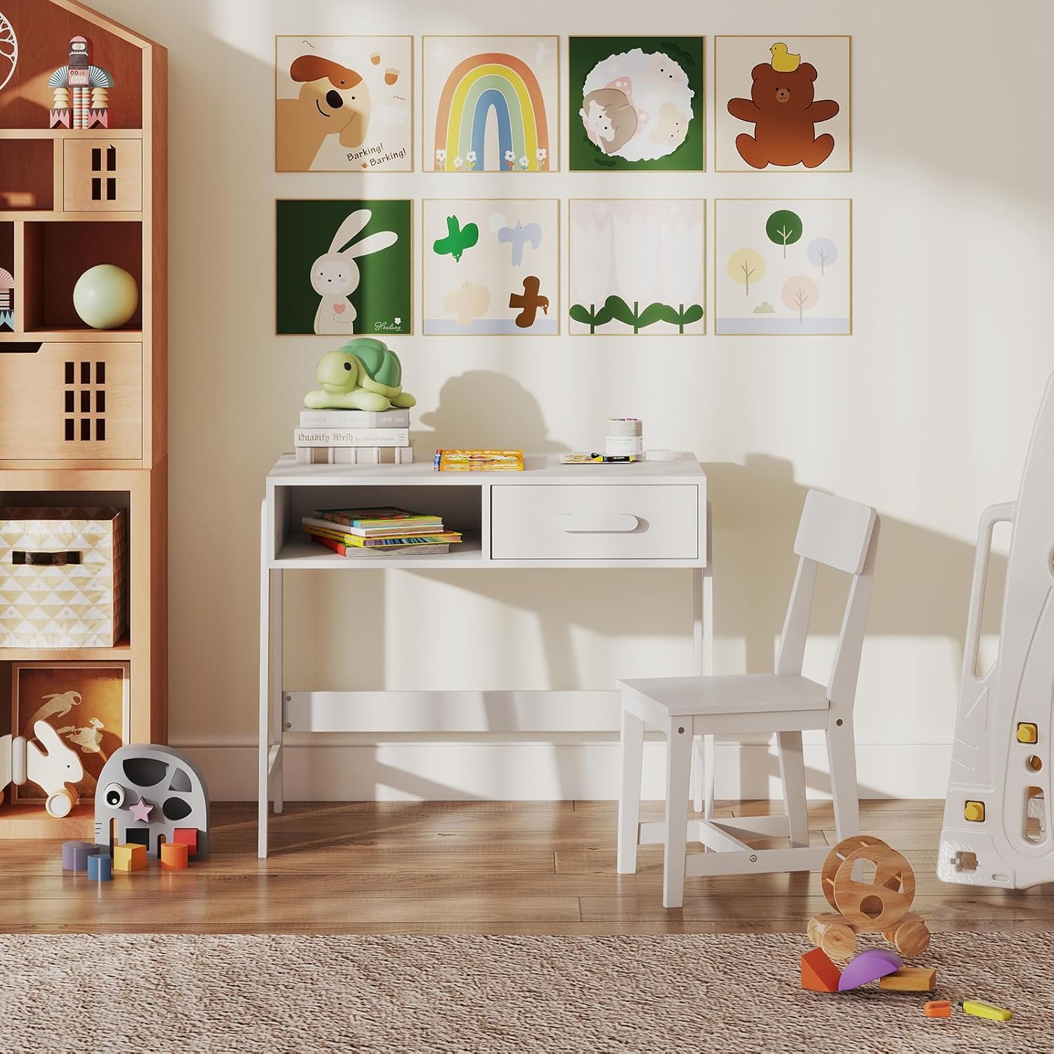 Set Tavolo e Seide per bambini in Legno, Scrivania e Sedia con Cassetto e Scomparto, Tavolino e Sedia per Cameretta, Soggiorno e Scuola (Bianco)