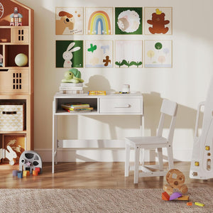 Set Tavolo e Seide per bambini in Legno, Scrivania e Sedia con Cassetto e Scomparto, Tavolino e Sedia per Cameretta, Soggiorno e Scuola (Bianco)