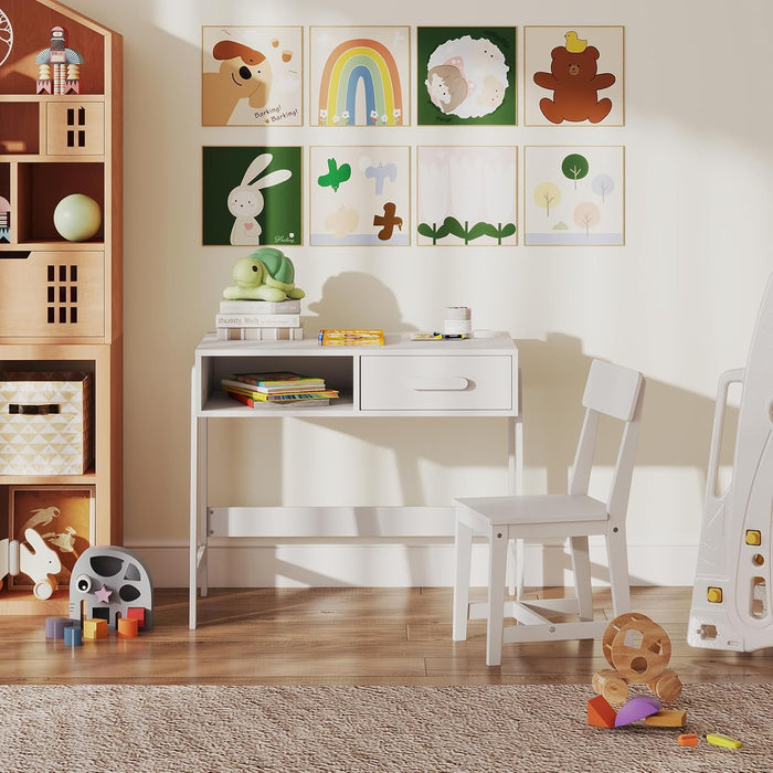 Set Tavolo e Seide per bambini in Legno, Scrivania e Sedia con Cassetto e Scomparto, Tavolino e Sedia per Cameretta, Soggiorno e Scuola (Bianco)