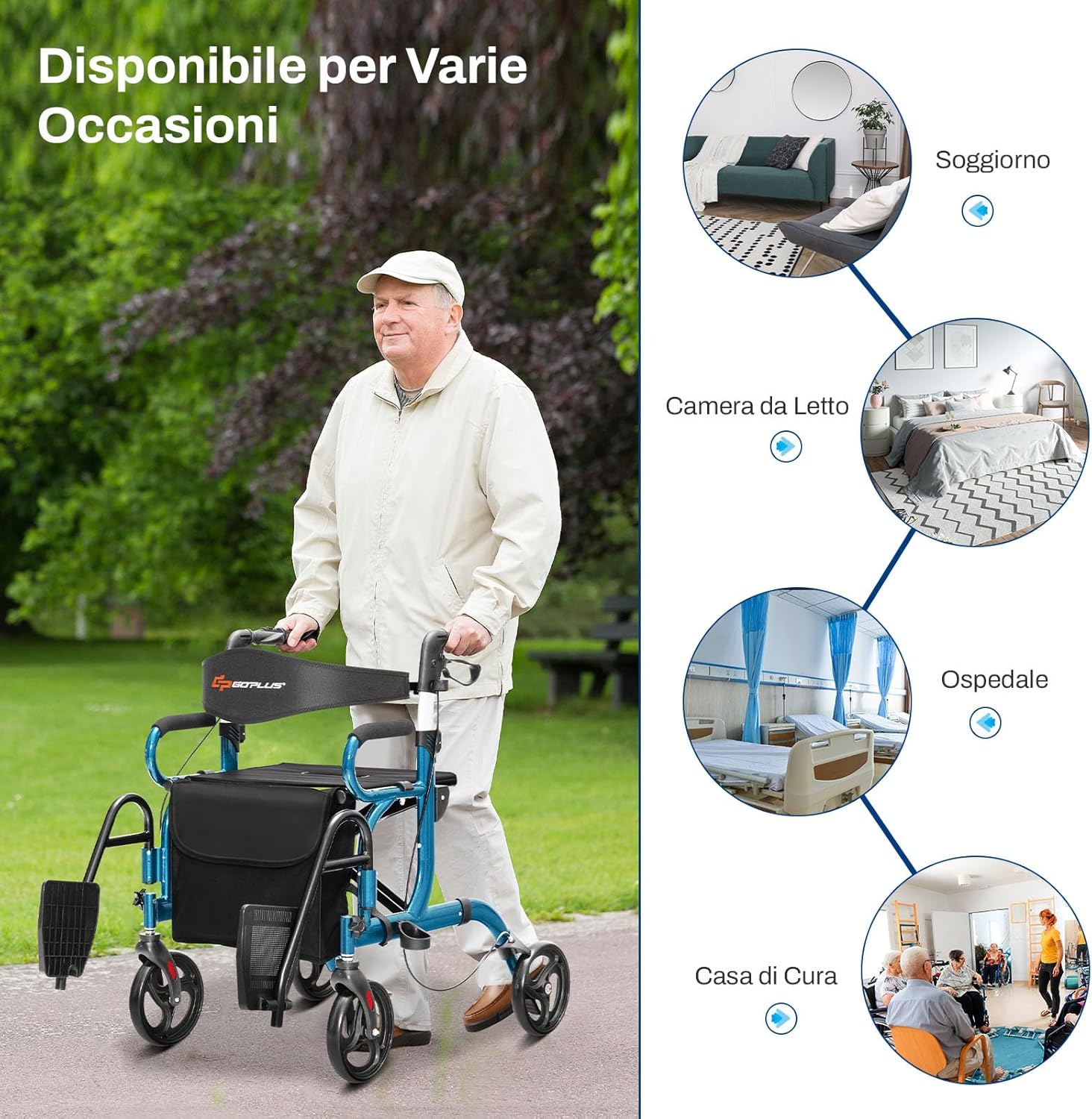Deambulatore 2 in 1 per Anziani in Alluminio, Rollator Pieghevole e Regolabile in Altezza con Sedia, Schienale Reversibile, Manici Regolabili, Ruote, Poggiapiedi e Borsa Rimovibile (Blu)