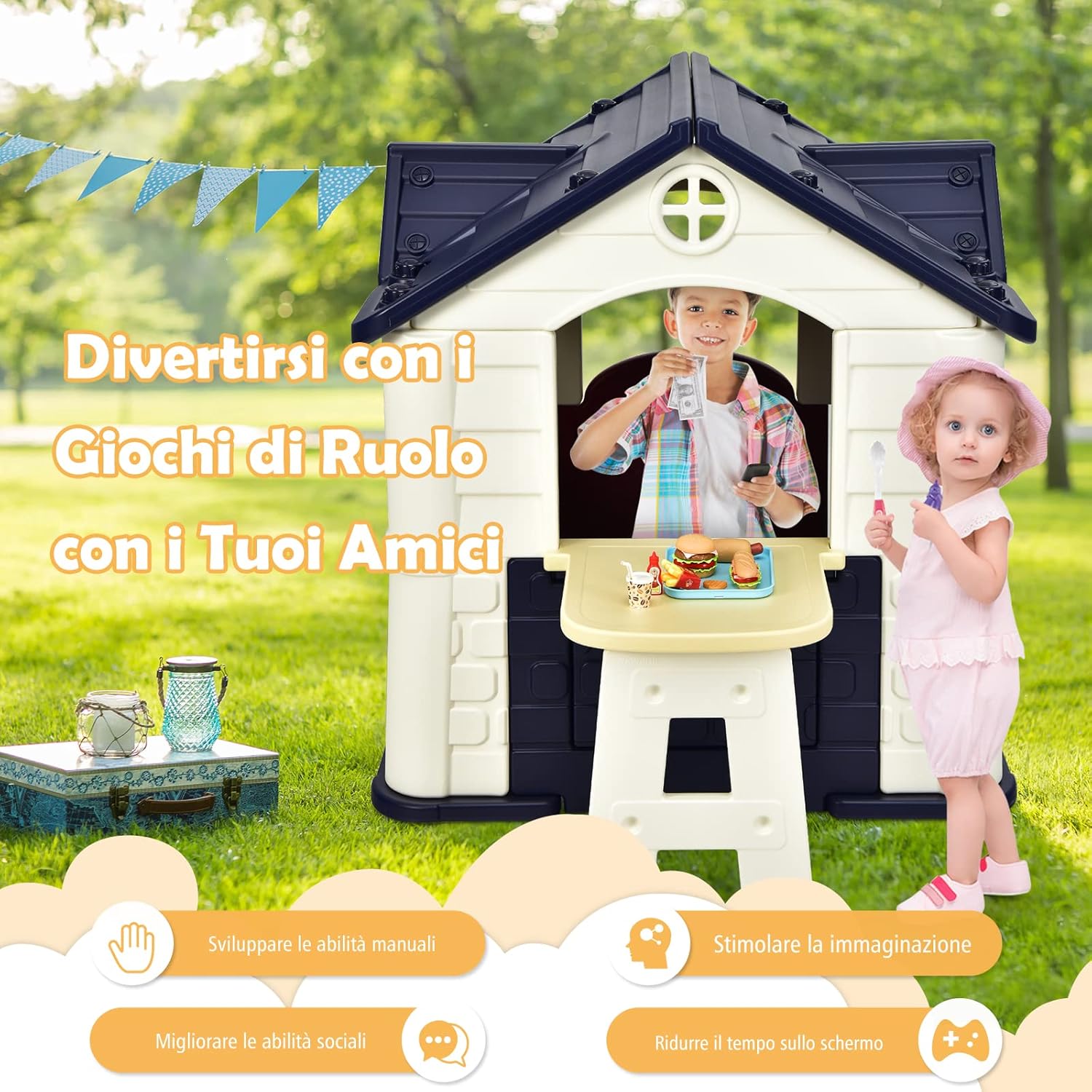 Casetta per Bambini con Porte e Finestre, Casetta Giocattolo con Tavolo, Set Giocattolo con 7 Pezzi, Ideale per Bambini 3-8 Anni, 164x124x132 cm (Blu)