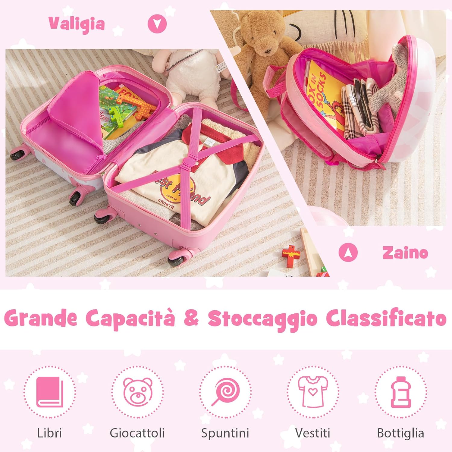 Set di Valigia per Bambini, 16" Valigia+ 12" Zaino, 2 Pezzi, con Ruote Girevoli a 360° e Maniglia Retrattile, Ideale per Viaggiare in Modo Comodo e Divertente (Modello 2)