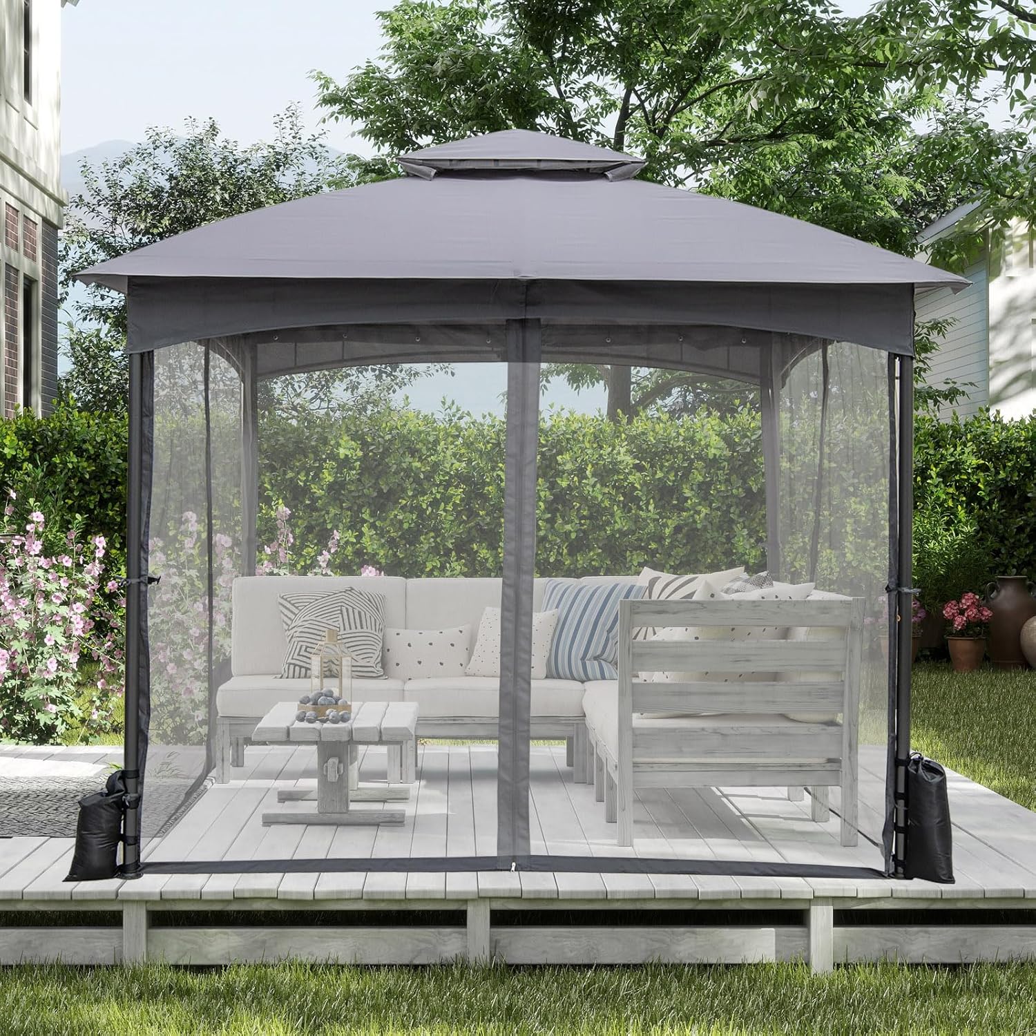 Gazebo da Giardino 3 x 3 m, Gazebo Impermeabile con Rete Mesh Staccabile e Terro Ventilato a Doppio Strato, Tenda Regolabile in Altezza per Feste, BBQ e Picnic (Grigio)