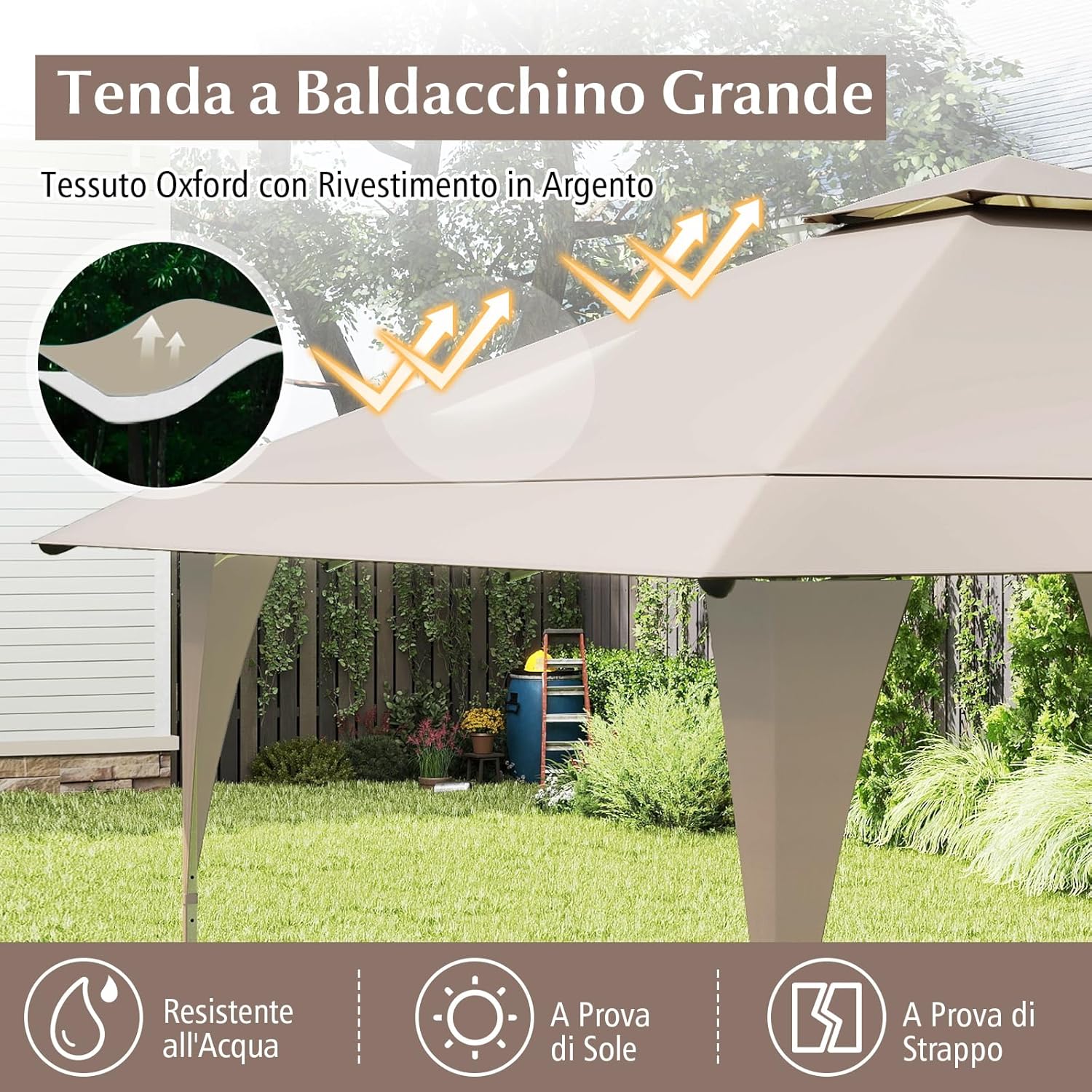 Tenda Pop-up Esterno 4x4 m Doppio Tetto, Gazebo da Giardino Altezza Regolabile con Fori di Drenaggio, Tenda da Giardino Antivento Facile da Montare con Borsa di Trasporto (Kaki)