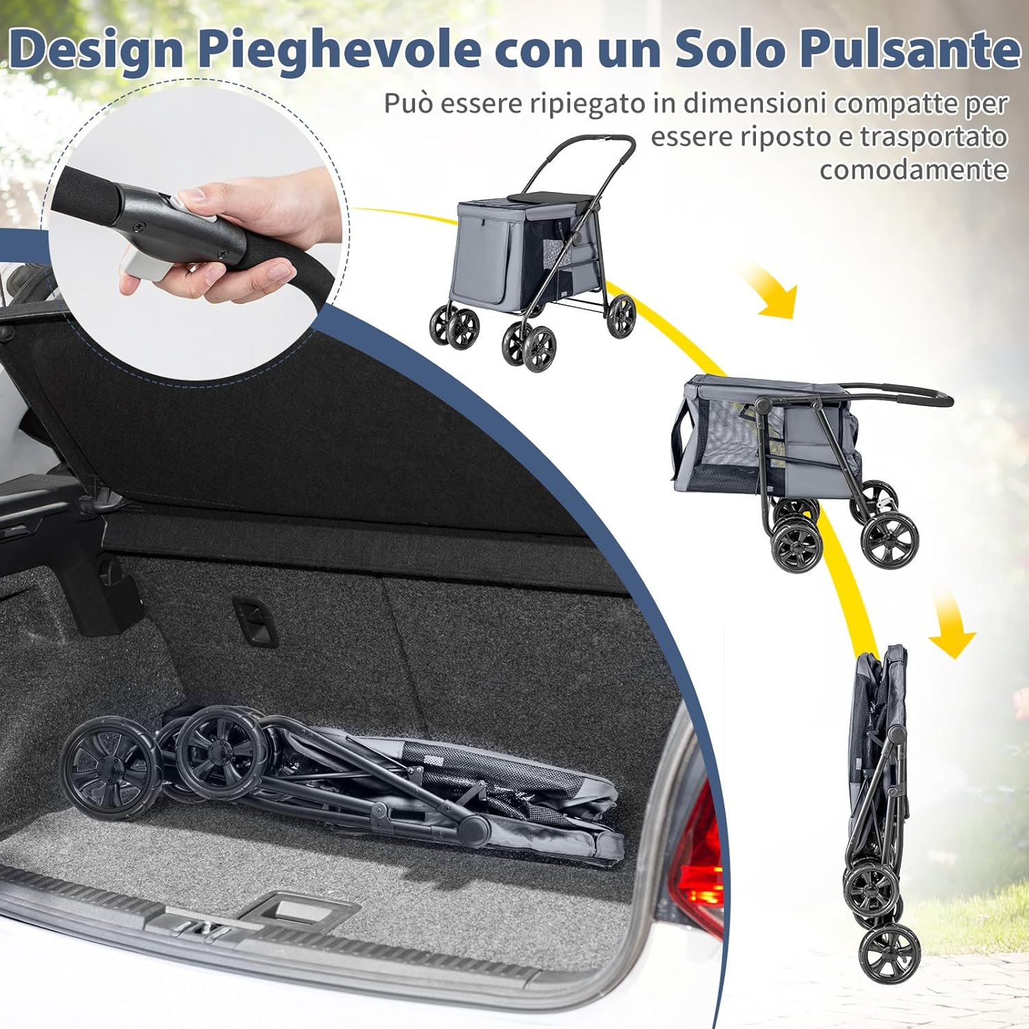 Passeggino per Cani Pieghevole, Carrello a 4 Ruote per Animali Domestici Piccoli e Medi, Trasportino Portatile con Ruote, Lucernario e Tasche, Chiusura Rapida (Grigio)