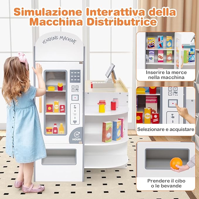 Negozio Alimentare per Bambini, Set di Giocattoli Supermercato in Legno con Cassa, Macchina POS, Distributore Automatico, Lavagna Scrivibile, per Bambini 3 - 8 Anni (Bianco)