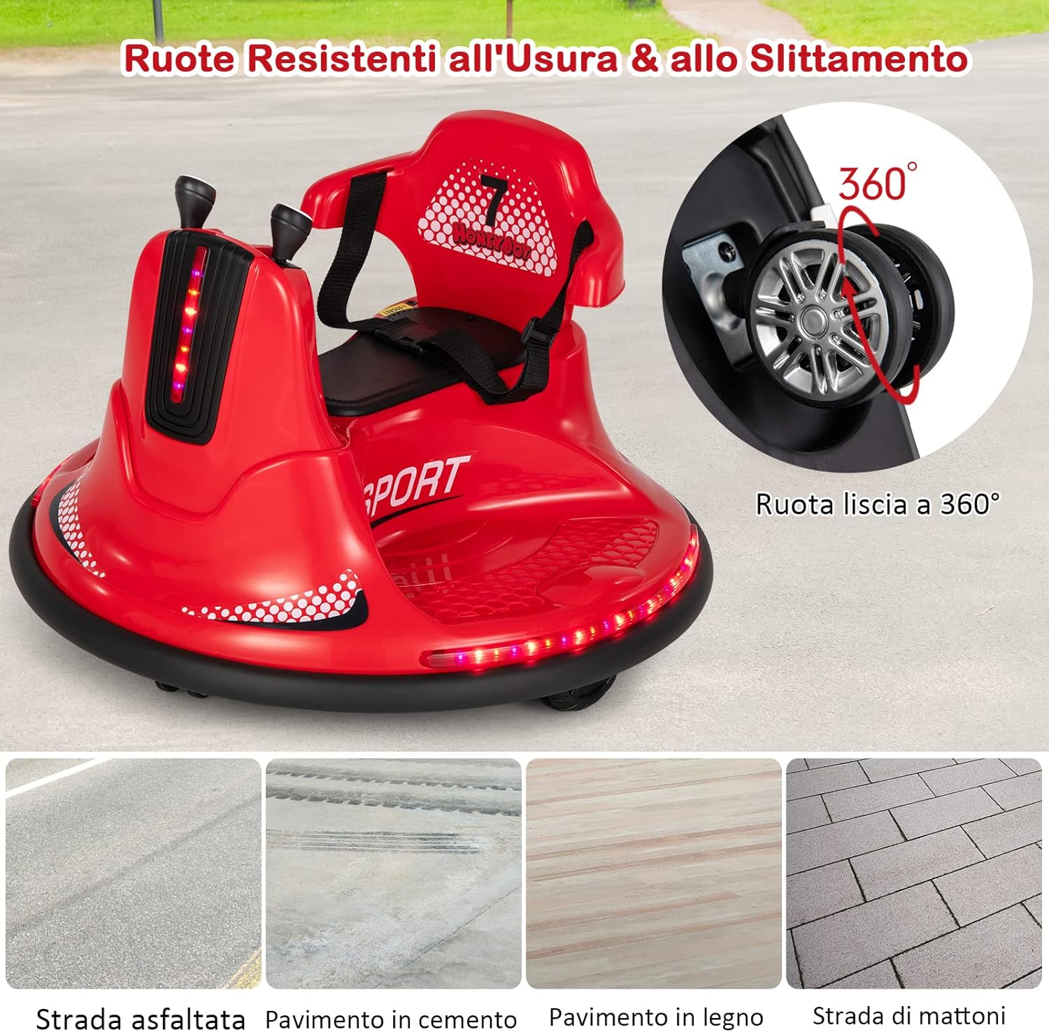 6V Autoscontro Elettrico per Bambini, Veicolo Elettrico con Telecomando, Girevole a 360°, Luci LED Colorate e Cintura di Sicurezza Regolabile, 37-95 Mesi (Rosso)