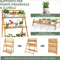 Scaffale Porta Piante Pieghevole in Bambù, Scaffale a Scala per Piante e Fiori con 3 Ripiani, Portapiante da Interno ed Esterno, Ideale per Terrazza, Giardino, Balcone e Portico