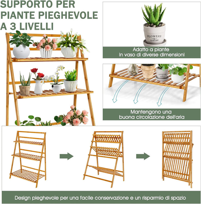 Scaffale Porta Piante Pieghevole in Bambù, Scaffale a Scala per Piante e Fiori con 3 Ripiani, Portapiante da Interno ed Esterno, Ideale per Terrazza, Giardino, Balcone e Portico