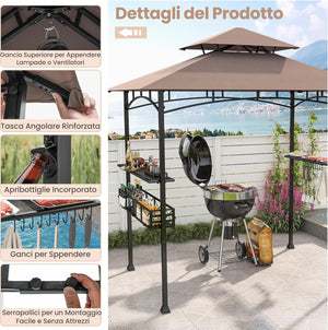 Gazebo per Barbecue, Pergola per BBQ con 2 Ripiani Laterali, Cestino, Ganci Appendiutensili, Apribottiglie, Copertura a 2 Livelli, per Giardino e Cortile, 242 x 153 x 250 cm (Marrone)
