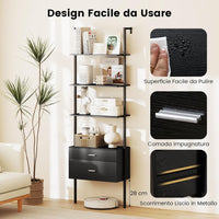 Libreria a Scala 184 cm, Scaffale da Parete a 6 Ripiani con 2 Cassetti e Struttura in Metallo, Ripiano Espositivo Aperto Moderno per Soggiorno Studio Ufficio, 60 x 30 x 184 cm (Nero)