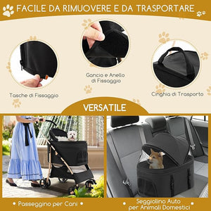 Passeggino per Cani Pieghevole 3 in 1, Carrello per Animali Domestici con Tettuccio Regolabile e Cesto, Trasportino a 4 Ruote per Cani di Piccola e Media Taglia (Nero)
