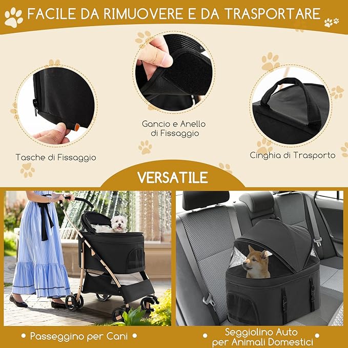 Passeggino per Cani Pieghevole 3 in 1, Carrello per Animali Domestici con Tettuccio Regolabile e Cesto, Trasportino a 4 Ruote per Cani di Piccola e Media Taglia (Nero)