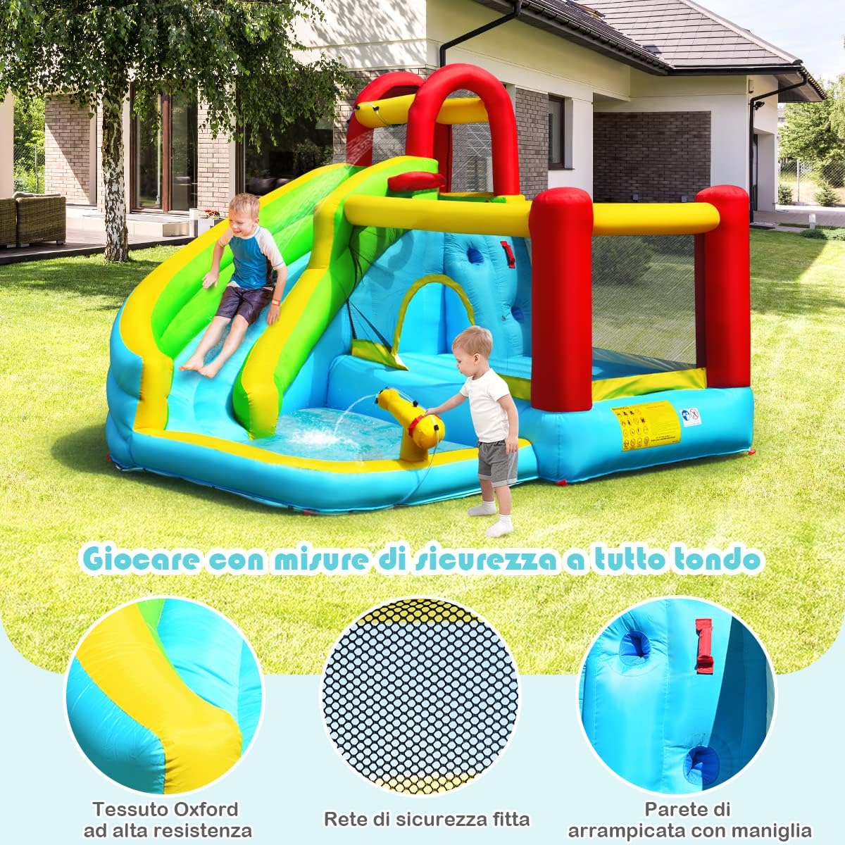 Castello Gonfiabile 6 in 1 per Bambini, Parco Acquatico con Trampolino, Parete di Arrampicata, Piscina, Scivolo, Cannone ad Acqua, Canestro Basket, Pallone e Borsa di Trasporto, 320x305x213cm