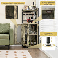 Mobile Bar Angolare, Mobiletto Multiuso con Porta Bicchieri, 2 Porte Ventilate in Rete Metallica e Ripiano Regolabile, per Cucina, Sala da Pranzo e Soggiorno (Marrone Rustico)