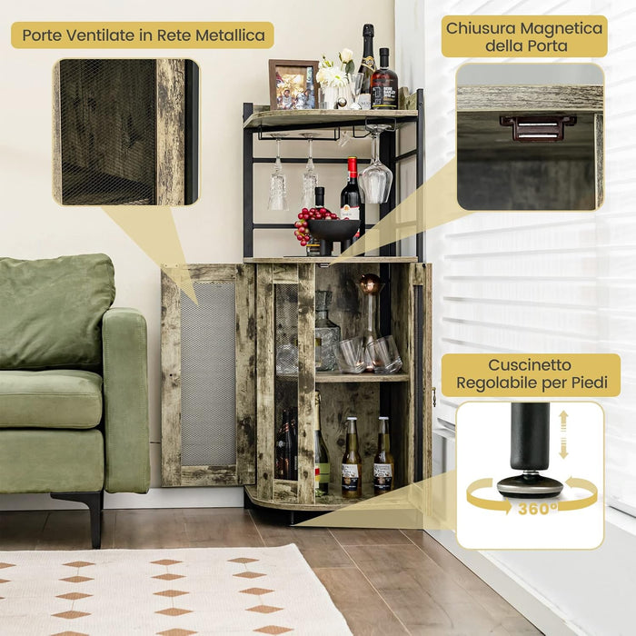 Mobile Bar Angolare, Mobiletto Multiuso con Porta Bicchieri, 2 Porte Ventilate in Rete Metallica e Ripiano Regolabile, per Cucina, Sala da Pranzo e Soggiorno (Marrone Rustico)