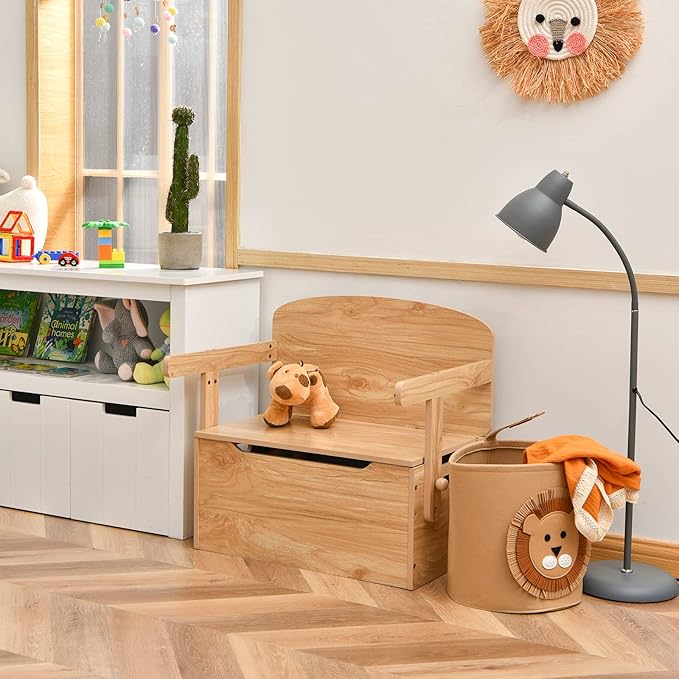 Cassapanca Contenitore 3 in 1 per Bambini Trasformabile in Legno con Scatola dei Giocattoli, Tavolo bambini con Sedie Multifunzione per 3-7 Anni (Naturale)