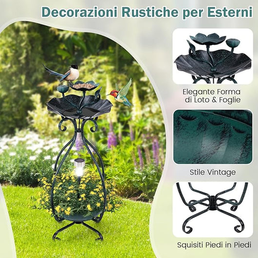 Mangiatoia Solare per Uccelli da Esterno, Vaschetta e Mangiatoia Vintage con Piedistallo e Luci Solari, Casetta per Uccellini Decorativa da Giardino (Bronzo,31 x 31 x 79 cm)