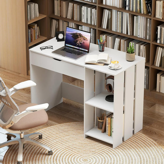Scrivania per computer in legno con piano sollevabile, tavolo da lavoro con 2 ripiani aperti e 1 scomparto nascosto, 100 x 49 x 75 cm, scrivania moderna per ufficio, studio (bianco)
