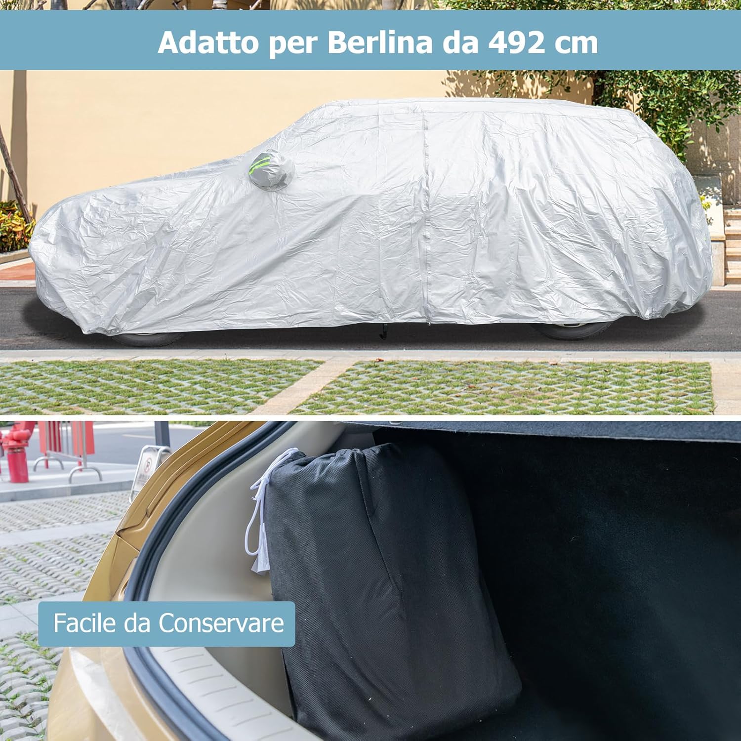 Copertura Auto con Porta a Zip, Serratura, Copertura per Auto con Strisce Riflettenti, Copertura Universale per Esterni per Auto (492 X 191 X 154 cm)