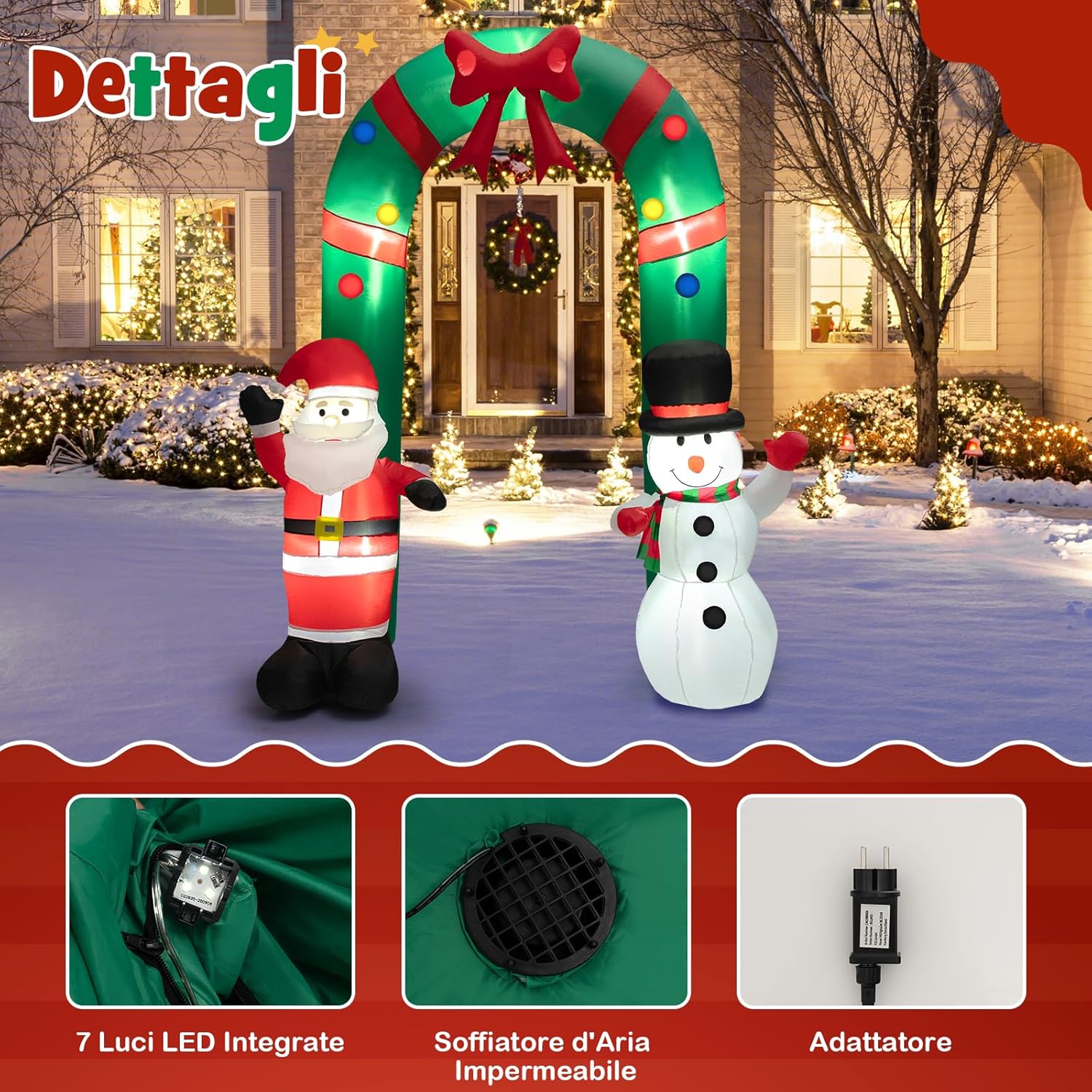 Arco di Natale Gonfiabile 245 cm, Decorazione Gonfiabile da Esterno con Babbo Natale e Pupazzo di Neve, con Luci LED Brillanti e Soffiatore Integrato, Decorazione di Benvenuto per Festa