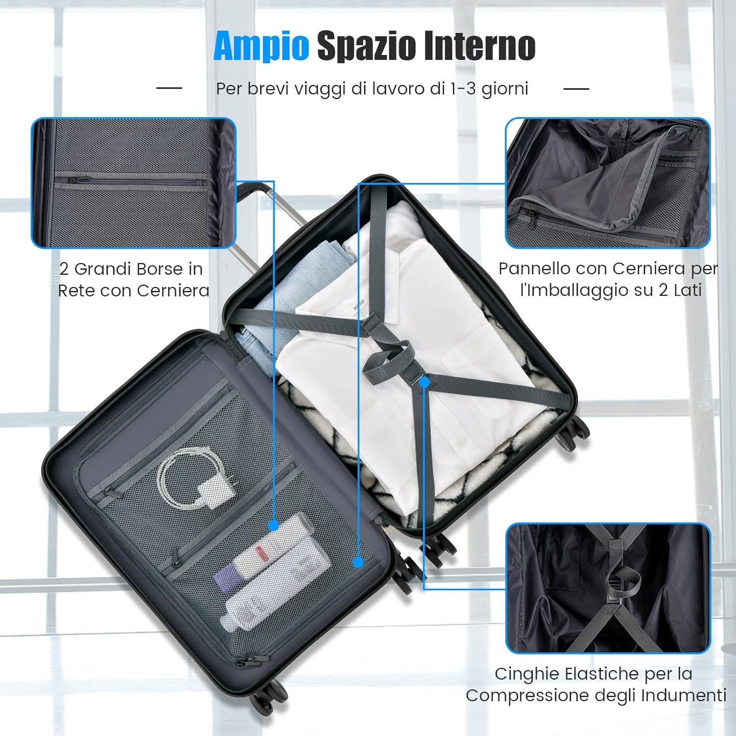 Valigia Bagaglio da 20" con Tasca Frontale, Porta USB, Tavolino Pieghevole, Valigia con Serratura, Ruote Girevoli, Manico Regolabile, Trolley Valigia Rigida Bagaglio da Viaggio (Blu)