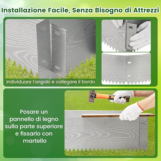 Bordatura da Giardino 6 M, Set di 6 Bordi per Aiuola 110 x 22 cm in Metallo Zincato con Paio di Guanti, Recinzione Flessibile per Prato, Cortile e Giardino