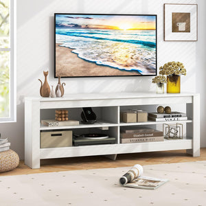 Mobile TV con Presa Elettrica per TV Fino a 65”, Mobile Porta TV Angolare, Mobiletto per Soggiorno a 3 Ripiani con 4 Scaffali Aperti, 140 x 40 x 49,5 cm (Bianco)