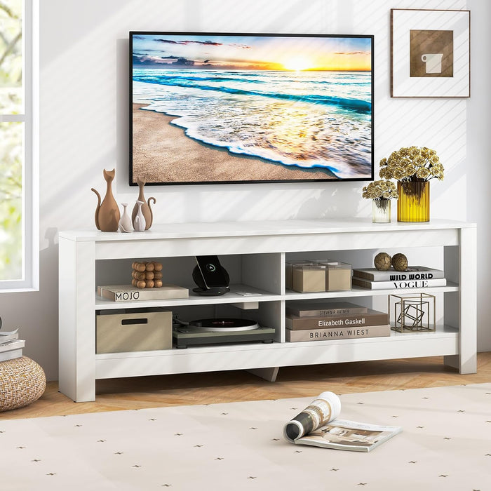 Mobile TV con Presa Elettrica per TV Fino a 65”, Mobile Porta TV Angolare, Mobiletto per Soggiorno a 3 Ripiani con 4 Scaffali Aperti, 140 x 40 x 49,5 cm (Bianco)