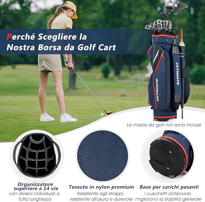 Borsa da Golf Leggera e di Grande Capacità, Sacca da Golf con 14 Divisori, 8 Tasche, Cappuccio Antipioggia, Tracolla, Borsa Termica per Bevande, Ideale per Uomini e Donne (Blu)