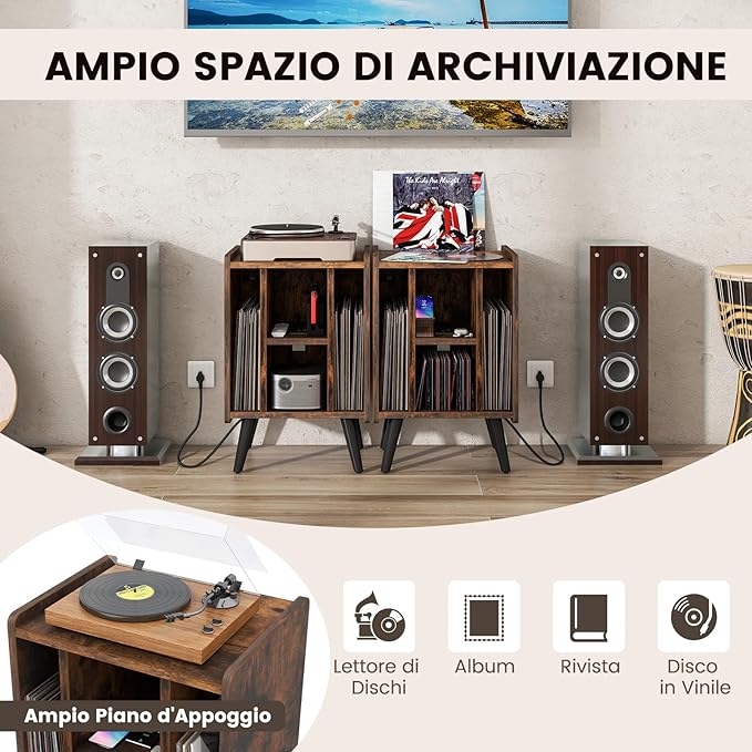 Supporto per Giradischi, Porta Vinili con 4 Ripiani Aperti, Presa di Corrente e Porta USB, con Mensole Espositive, per Soggiorno, Camera da Letto e Ufficio, 43 x 34,5 x 67,5 cm (Marrone)