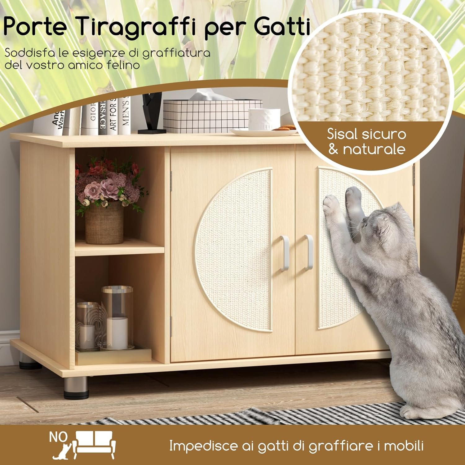 Mobile per Lettiera per Gattini e Gatti Adulti, Casetta per Gatti con Porte Sisal per Graffi, Piedini Metallici Regolabili e Spazio di Stoccaggio, Tavolino Moderno e Versatile per Soggiorno