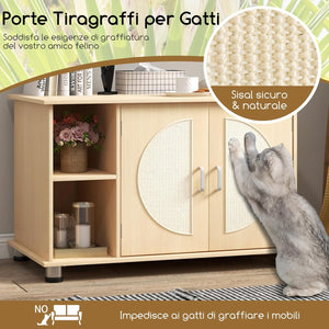 Mobile per Lettiera per Gattini e Gatti Adulti, Casetta per Gatti con Porte Sisal per Graffi, Piedini Metallici Regolabili e Spazio di Stoccaggio, Tavolino Moderno e Versatile per Soggiorno