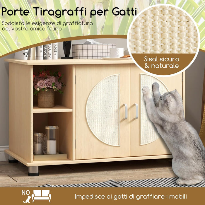 Mobile per Lettiera per Gattini e Gatti Adulti, Casetta per Gatti con Porte Sisal per Graffi, Piedini Metallici Regolabili e Spazio di Stoccaggio, Tavolino Moderno e Versatile per Soggiorno