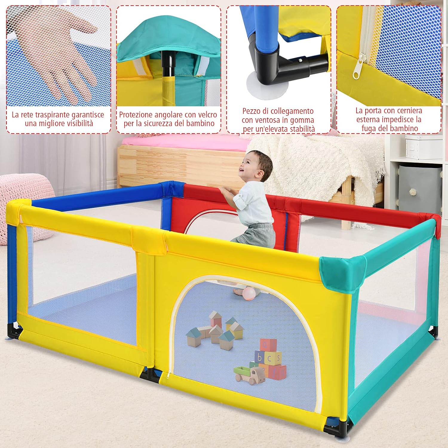 Box per Bambini, Centro Attività Portatile e Sicuro per Bambini, Box Colorato con Cancello, Recinto Extra per Interno ed Esterno con Rete Traspirante Durevole (Colorato)