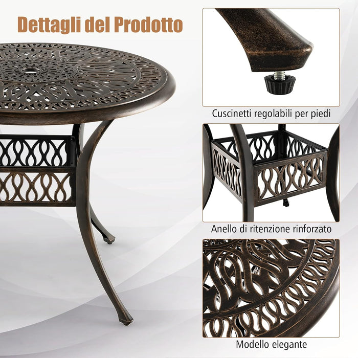 Tavolo da Pranzo Rotondo da 90 cm, Tavolo da Esterno in Alluminio con Foro per Ombrellone da 5 cm Struttura Resistente Piedini Regolabili, Tavolo Rotondo da Giardino Esterno, 90 x 74 cm