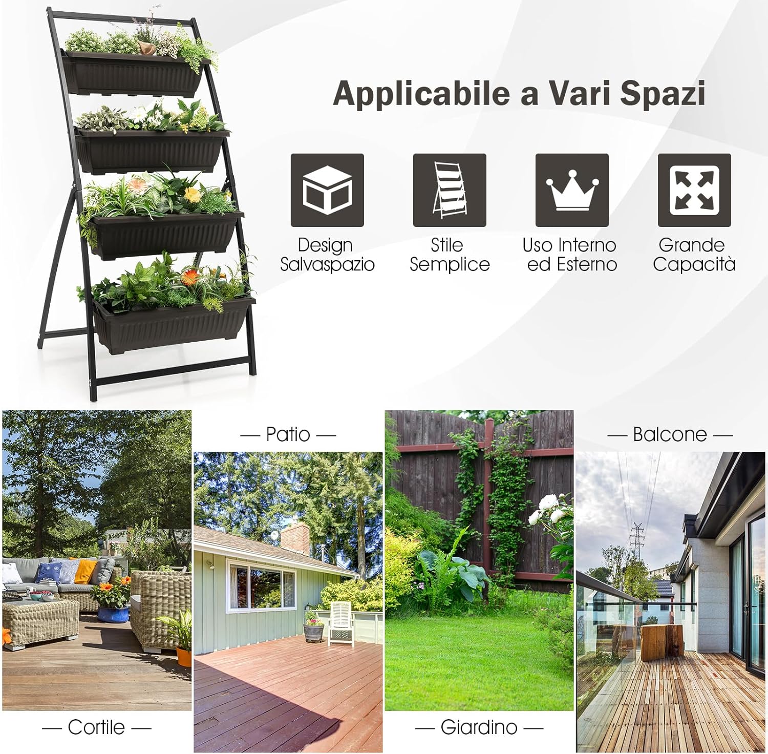 Letto da Giardino Rialzato Verticale, Fioriera Elevata a 4 Livelli con Fori di Drenaggio, Fioriera Autoportante per Interni ed Esterni per Verdure, Erbe e Fiori (76 cm x 70,5 cm x 160 cm)