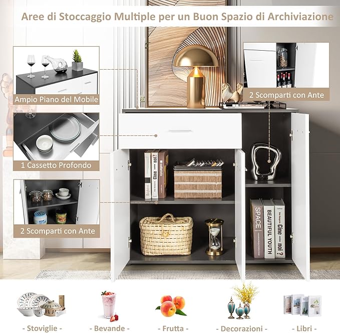 Mobile Credenza Moderno, Armadietto per Cucina con Cassetto e 3 Ante e Ripiano Regolabile, per Cucina, Sala da Pranzo e Soggiorno, 88 x 40 x 80 cm