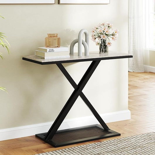 Tavolo Consolle, Tavolo d’Ingresso con Dispositivo Anti-ribaltamento, Piano in Marmo, Struttura Metallica e Piedini Regolabili, Consolle per Soggiorno, Corridoio e Ingresso