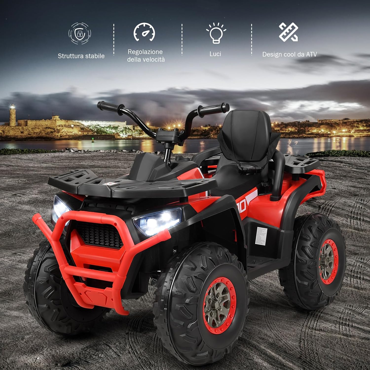 12 V Quad Elettrico per Bambini, Auto Elettrica Cavalcabile con Luci LED e Musica, Velocità fino a 8 km/h, per Bambini 3+ anni (Rosso)