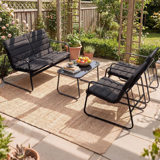 Set di 4 mobili da giardino per esterni, con tavolino e 2 sedie, sedia da giardino con cuscino rimovibile, per 4 persone, per balcone, giardino e piscina (4 pezzi, nero)